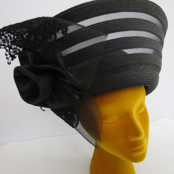 TALL Breton Sheer Church Hat Black Horsehair Pouf Satin Bow - Picture 1 of 12